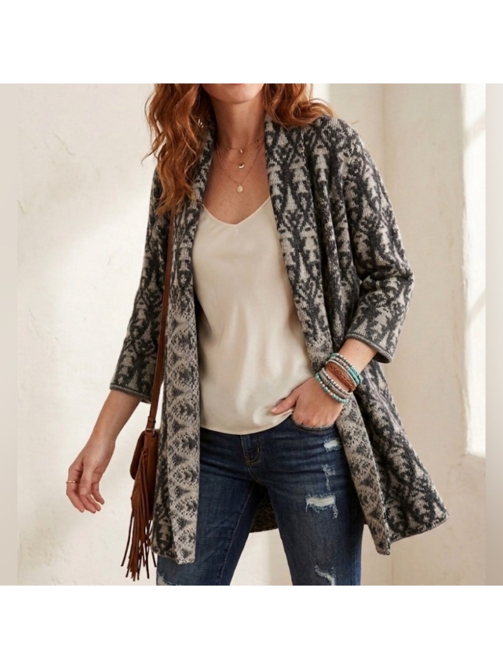 Peruvian Connection Open Front Long Cardigan Sweater Size Large Black Boho